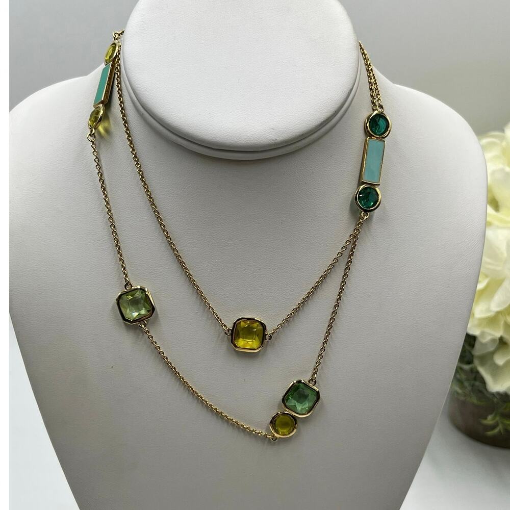 Kate Spade Cause A Stir Gold Plated Blue Yellow Green Station Necklace
